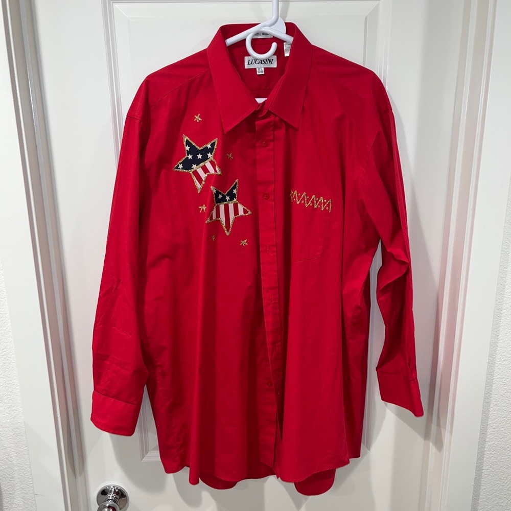 Lucasini Men's Shirt 17.5 32-33 L/S Hidden Button Up American flag stars red